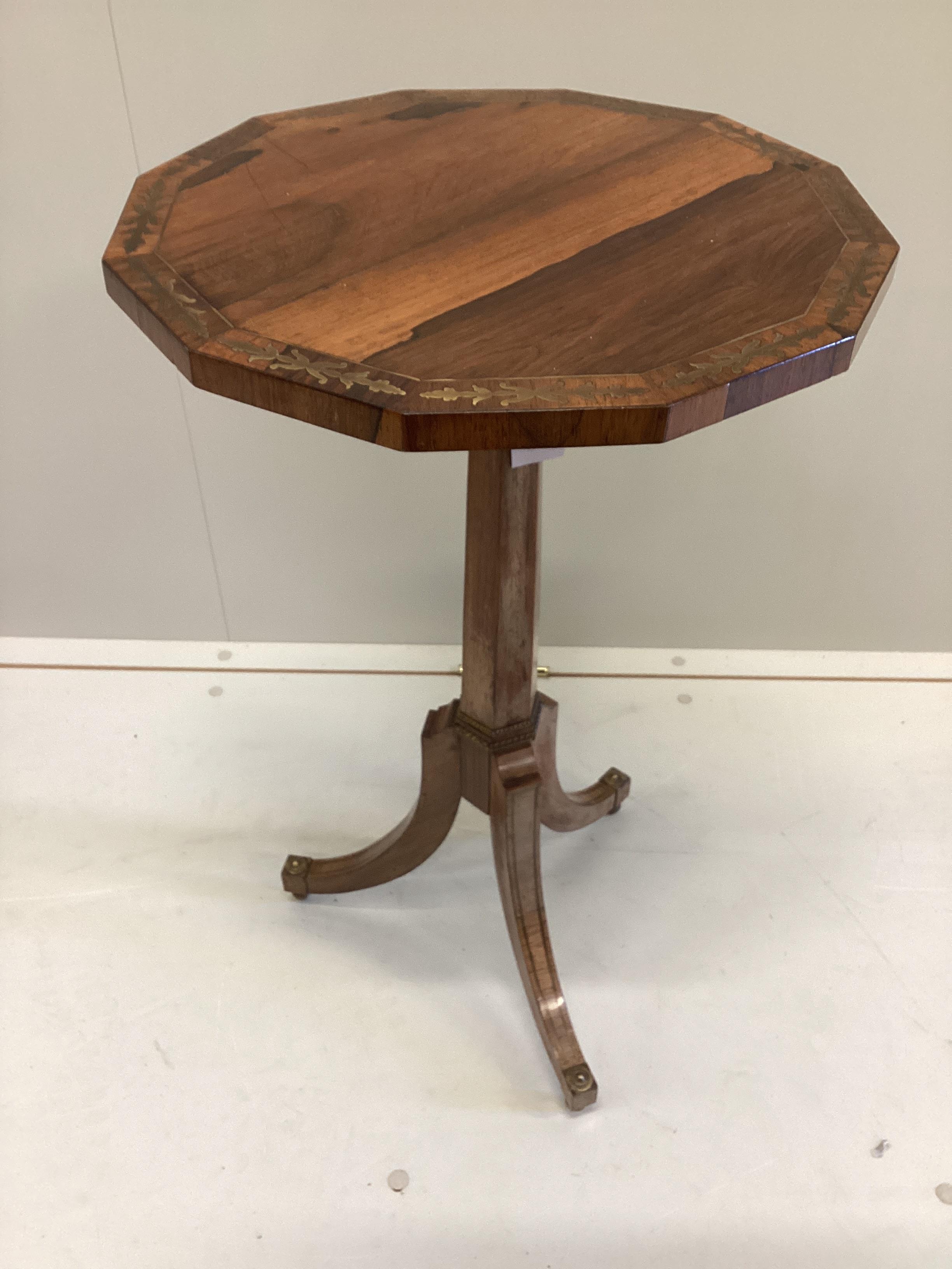 A Regency design brass inlaid rosewood tripod wine table, width 42cm, height 70cm